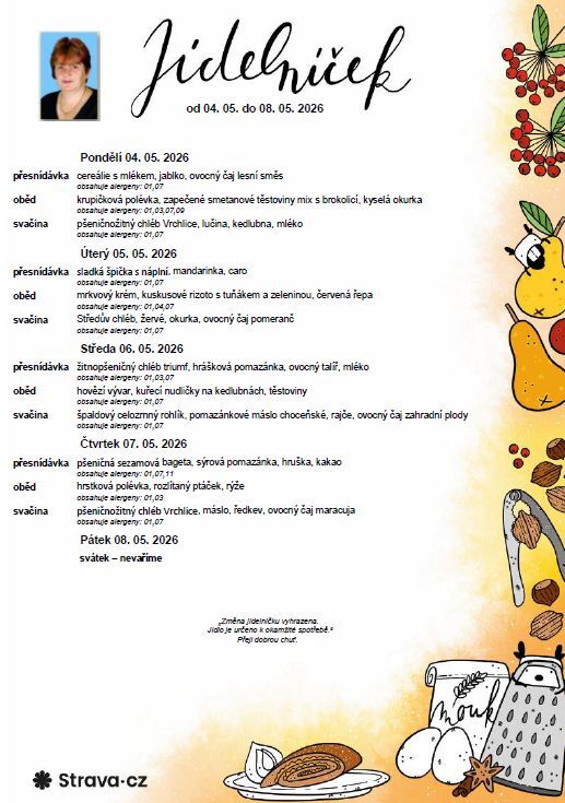 Jídelníček 04. 05. - 08. 05. 2026