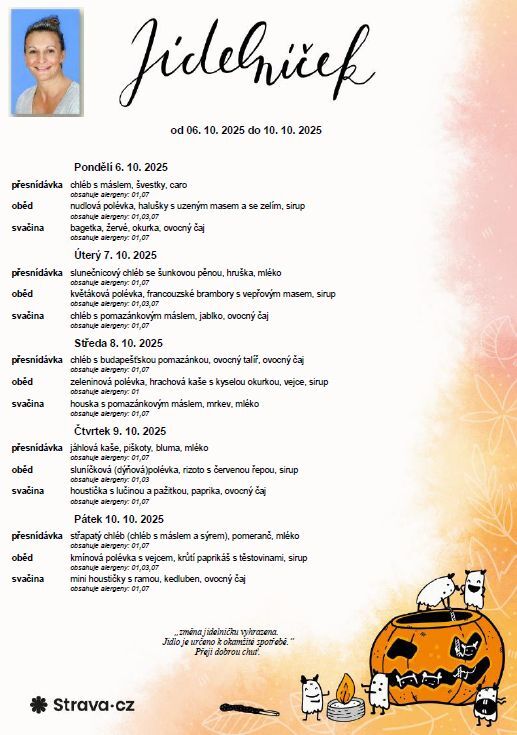 Jídelníček 06. 10. - 10. 10. 2025