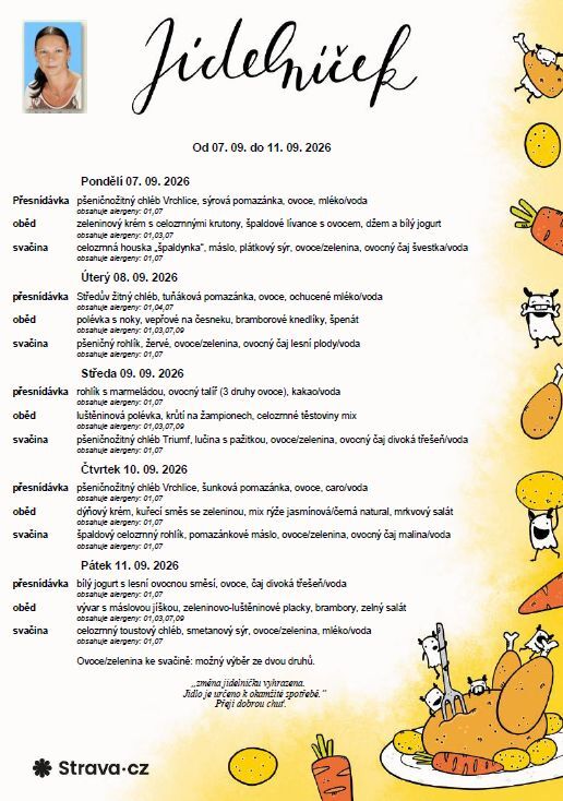 Jídelníček 07.09. - 11. 09. 2026