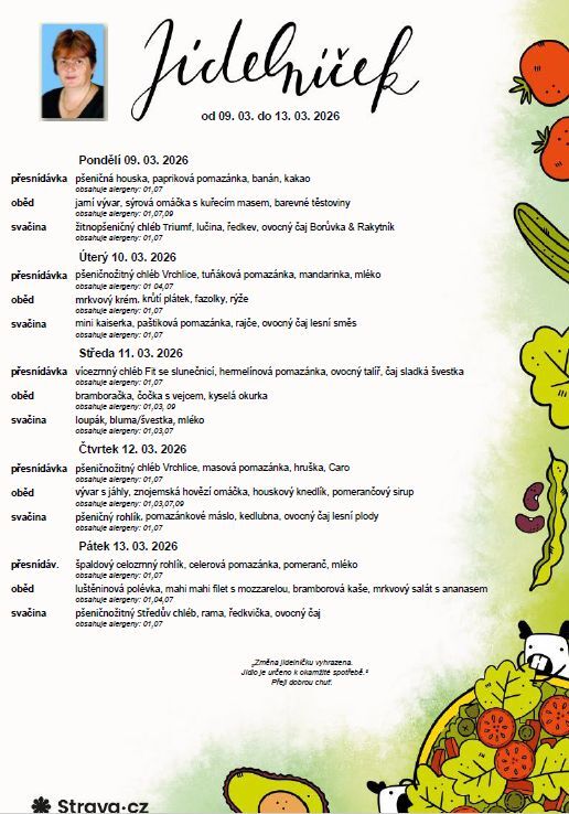 Jídelníček 09. 03. - 13. 03. 2026
