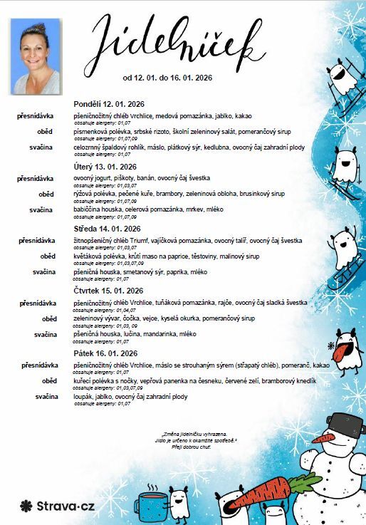 Jídelníček 12. 01. - 16. 01. 2026
