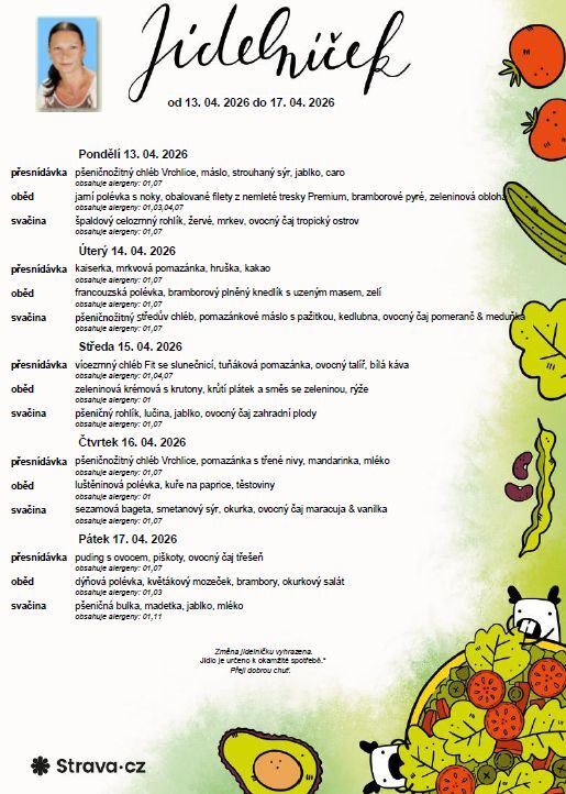 Jídelníček 13. 04. - 17. 04. 2026