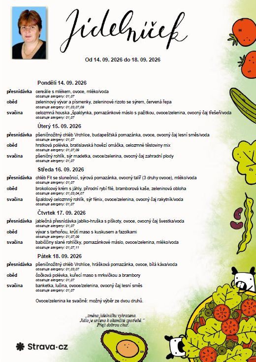 Jídelníček 14.09. - 18. 09. 2026