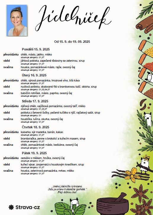 Jídelníček 15. - 19. 09. 2025