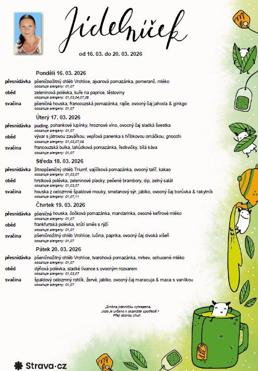 	Jídelníček 16. 03. - 20. 03. 2026