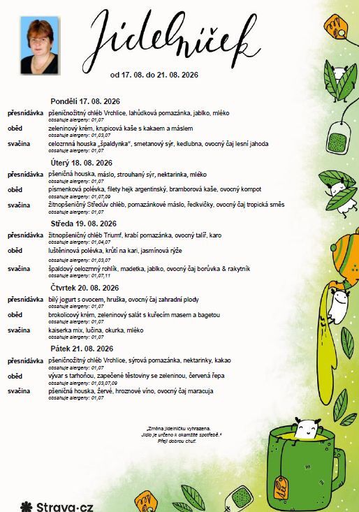 Jídelníček 17.08. - 21. 08. 2026