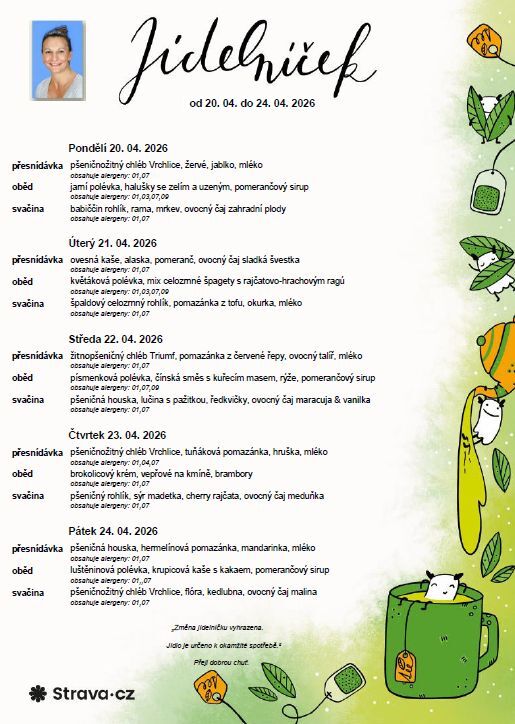 Jídelníček 20. 04. - 24. 04. 2026