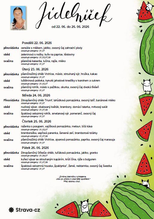 Jídelníček 22.06. - 26. 06. 2026