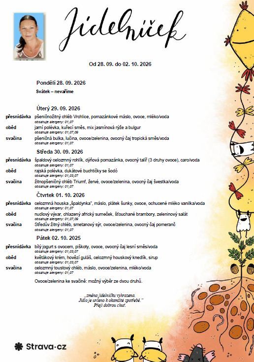 Jídelníček 28.09. - 02. 10. 2026