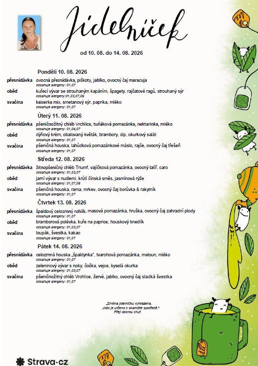 Jídelníček 10.08. - 14. 08. 2026