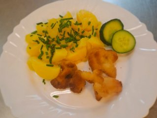 Oběd 26.03.2026 obalovaný květák s bramborem a okurkou